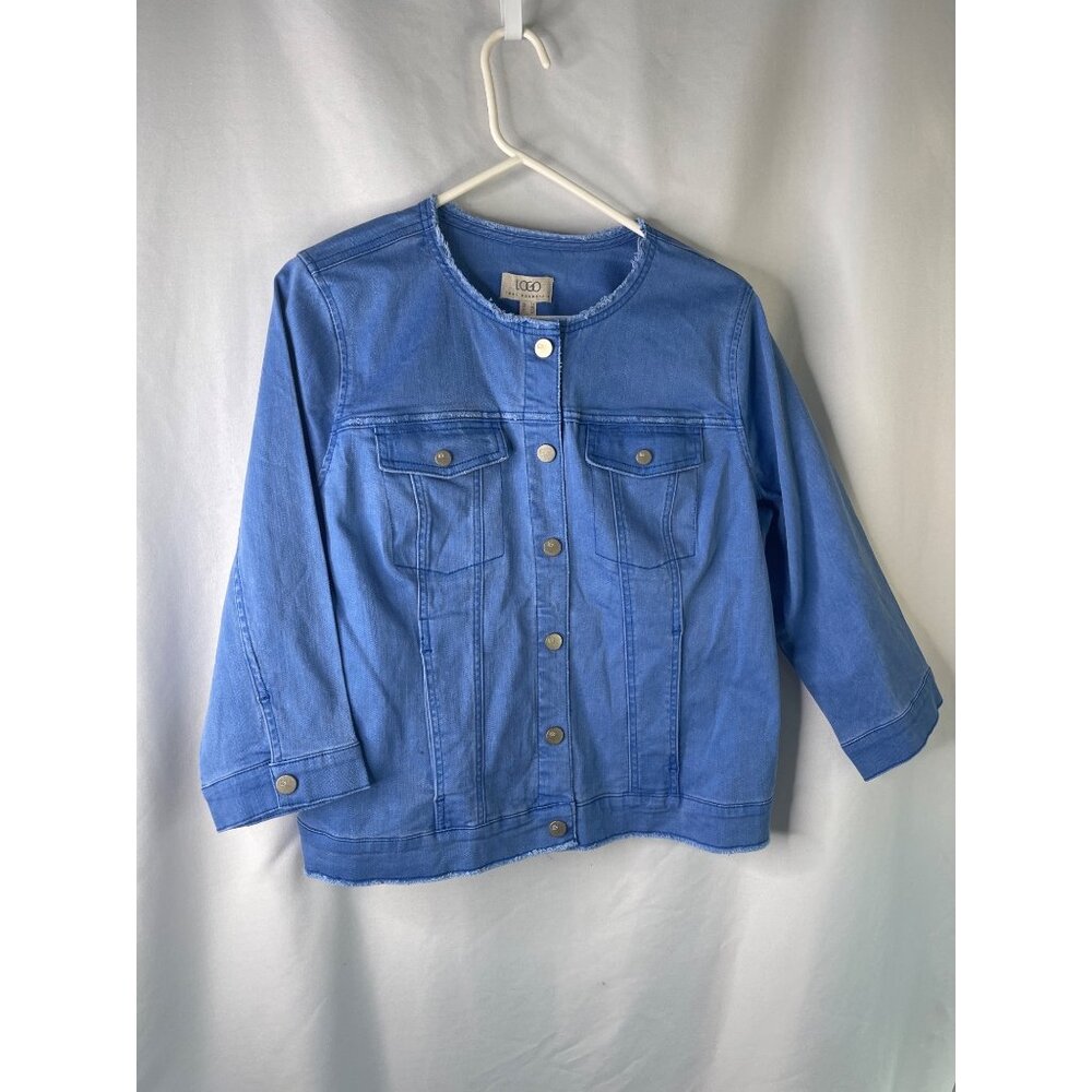 LOGO Lori Goldstein Womens Blue Button Front Denim Jacket Size 14 Frayed Hem & P